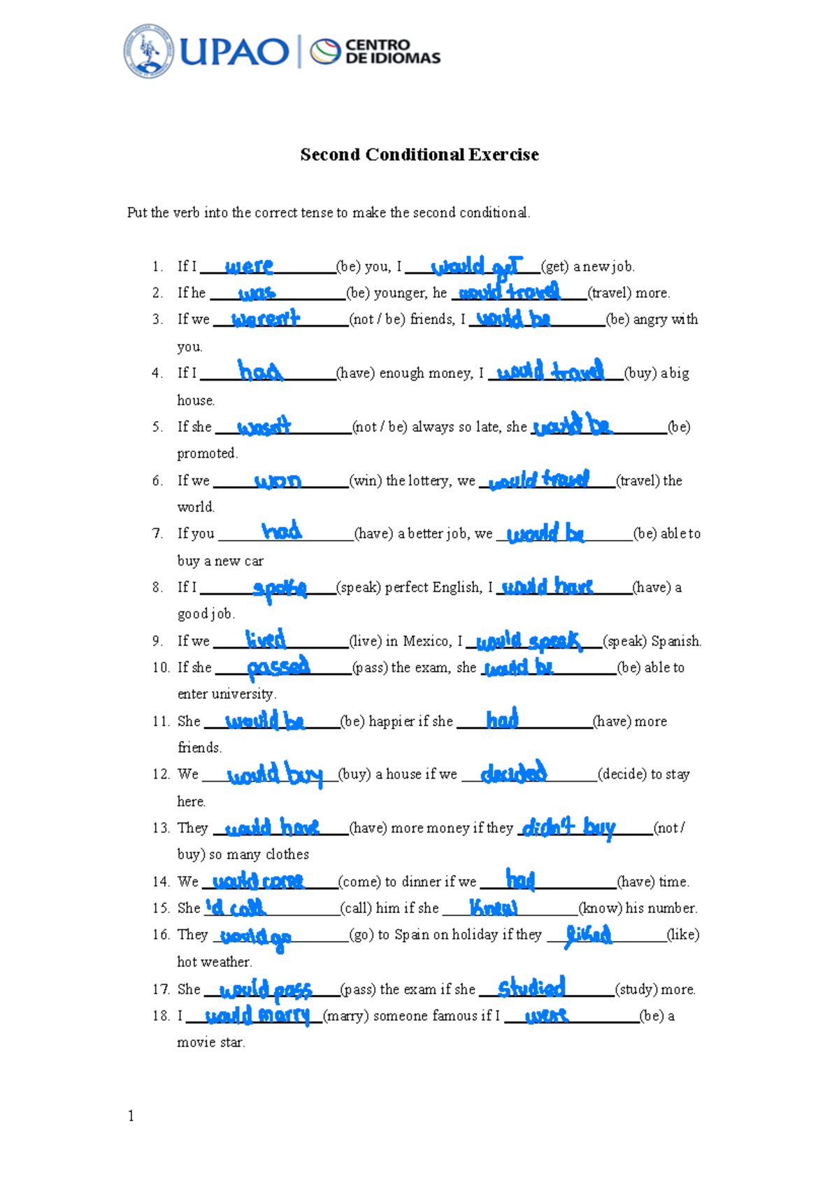 Second Conditional - Homewoork - 1 Second Conditional Exercise Put the ...