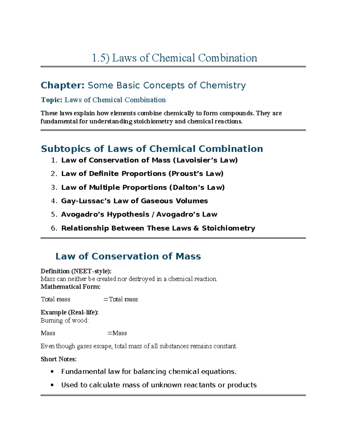 1.5) Laws of Chemical Combination: Key Concepts and MCQs - Studocu