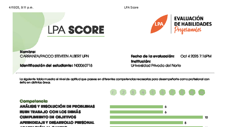 LPA Score Report for EP2 PPP - Steveen Albert UPN Evaluation - Studocu