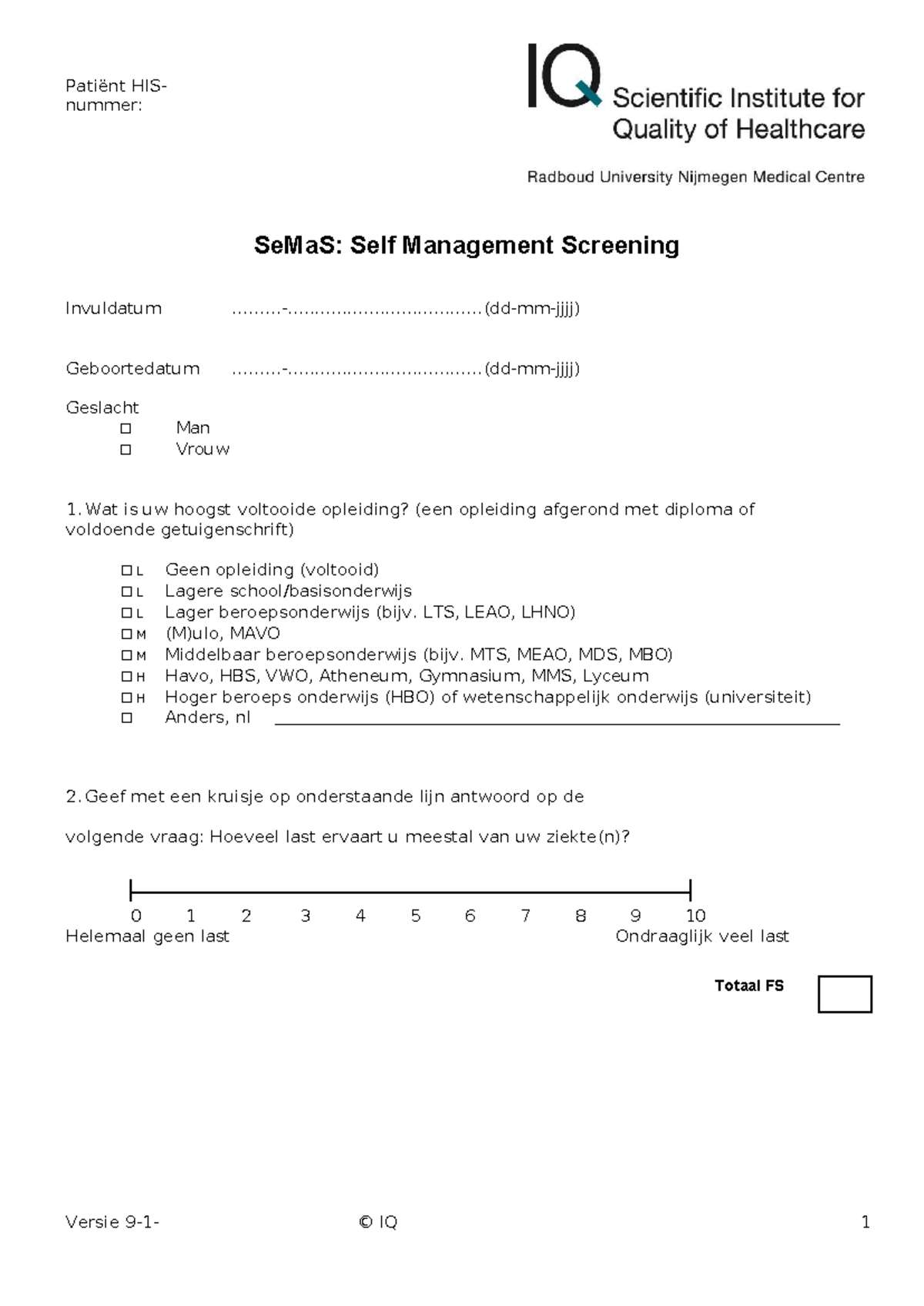 SeMaS Vragenlijst voor Zelfmanagement Screening (Versie 9-1) - Studeersnel