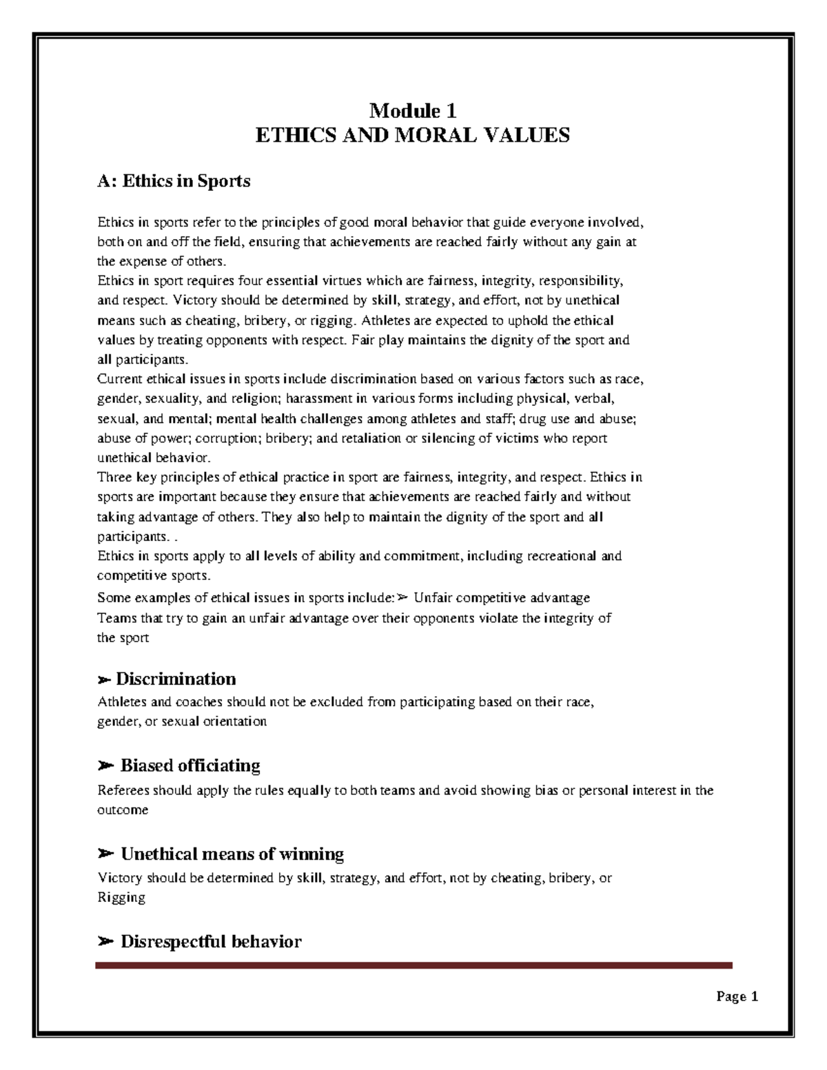 Module 1: Ethics in Sports - Understanding Moral Values in PE - Studocu