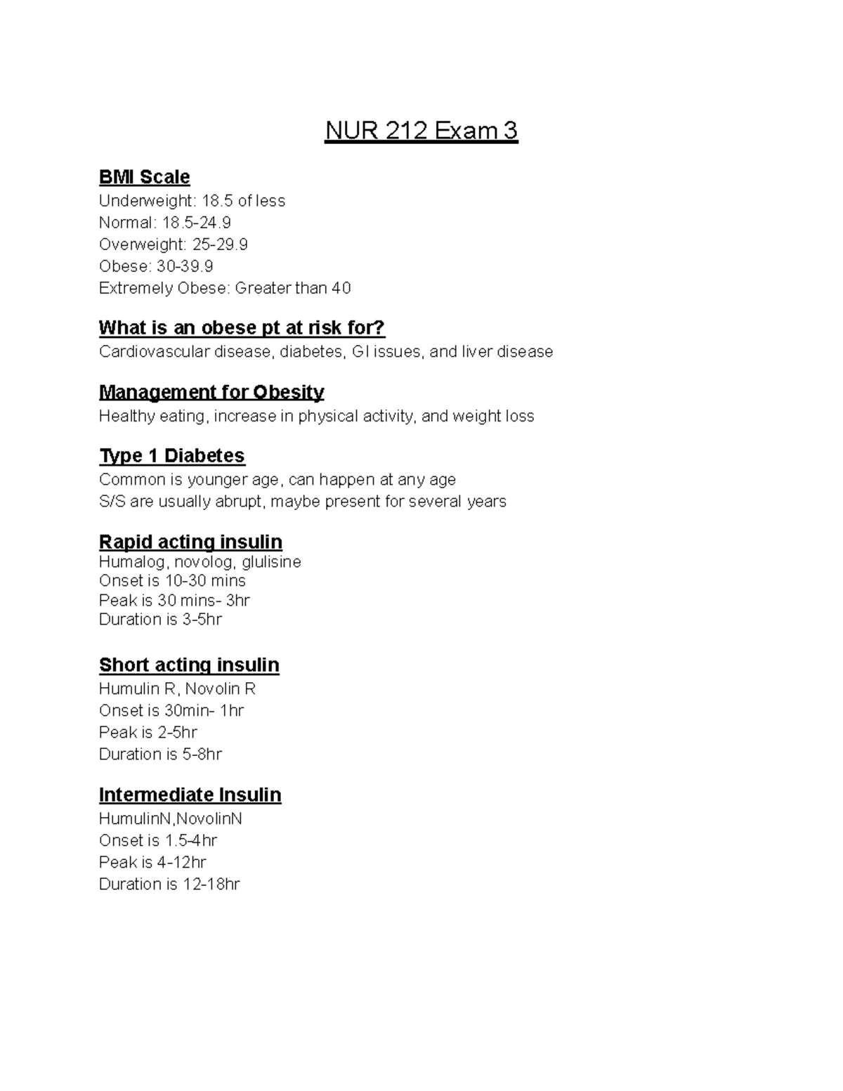 NUR 212 Exam 3 Study Guide - Obesity, Diabetes, and Thyroid Disorders ...