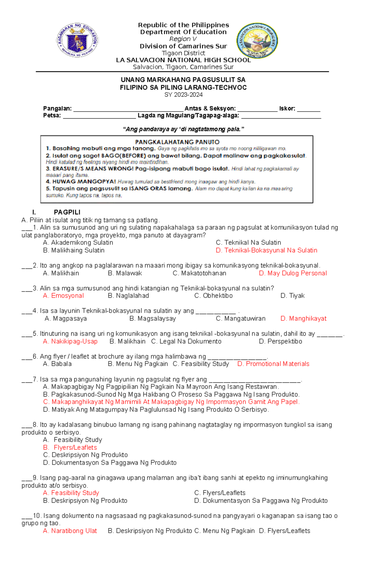 FSPL- Q1-2023-2024 Techvoc Filipino Unang Markahang Pagsusulit Answer ...