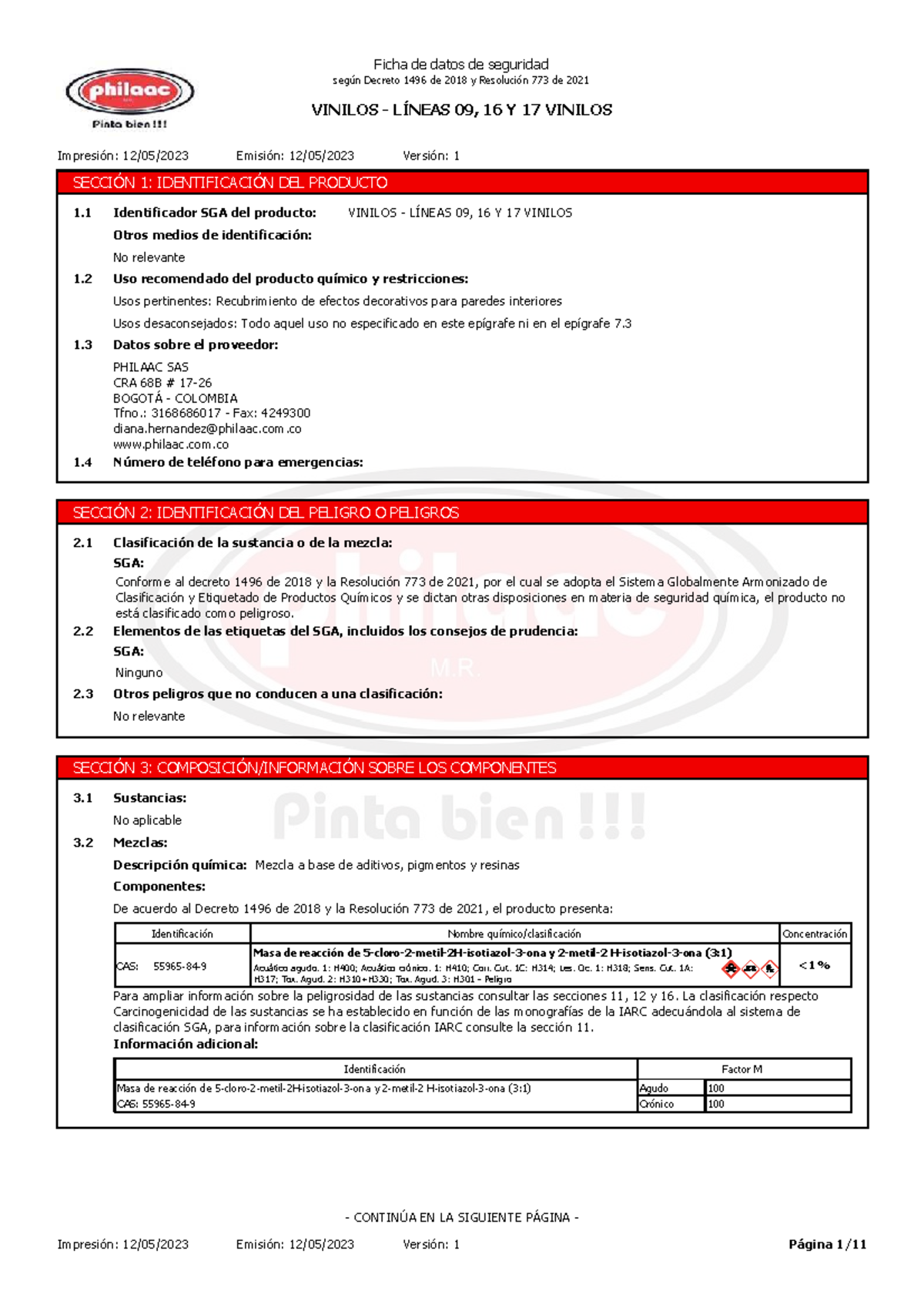 Ficha de Datos de Seguridad HS-Vinilo Tipo 1 según Decreto 1496/2018 y - Document Preview
