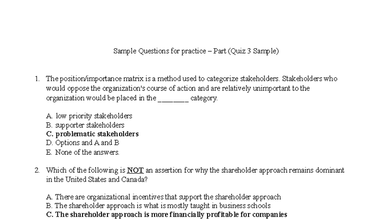Sample Questions for Quiz 3 Practice on Stakeholder Management - Studocu