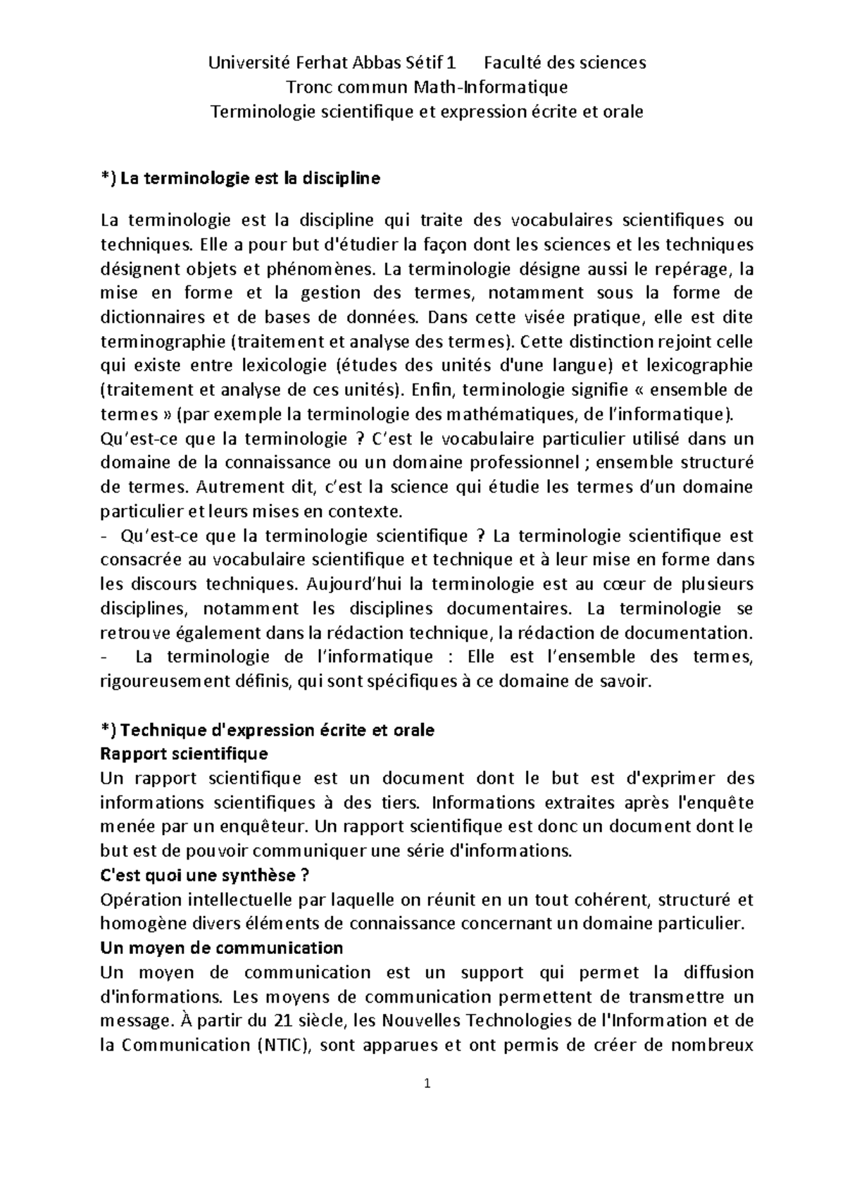 Terminologie Scientifique et Techniques d'Expression (Math-Informatique ...