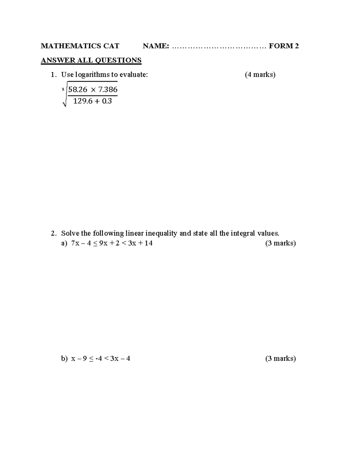 MATHEMATICS CAT FORM 2 - HOLIDAY ASSIGNMENT QUESTIONS - Studocu