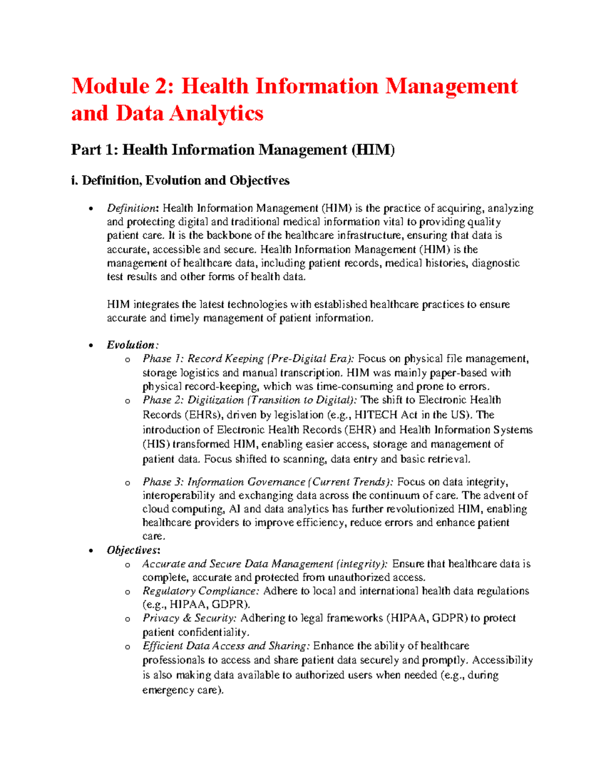 Module 2: HIM & Data Analytics - Evolution, Objectives & Roles - Studocu