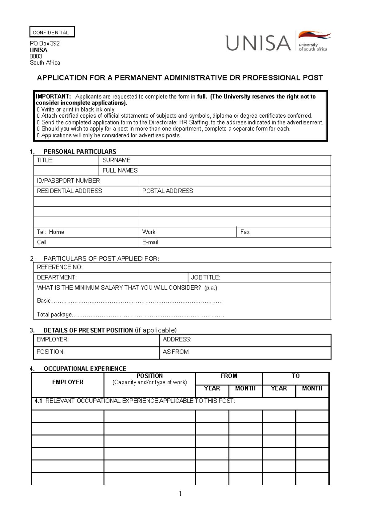 Application Form for Permanent Admin/Prof Post - UNISA - Studocu