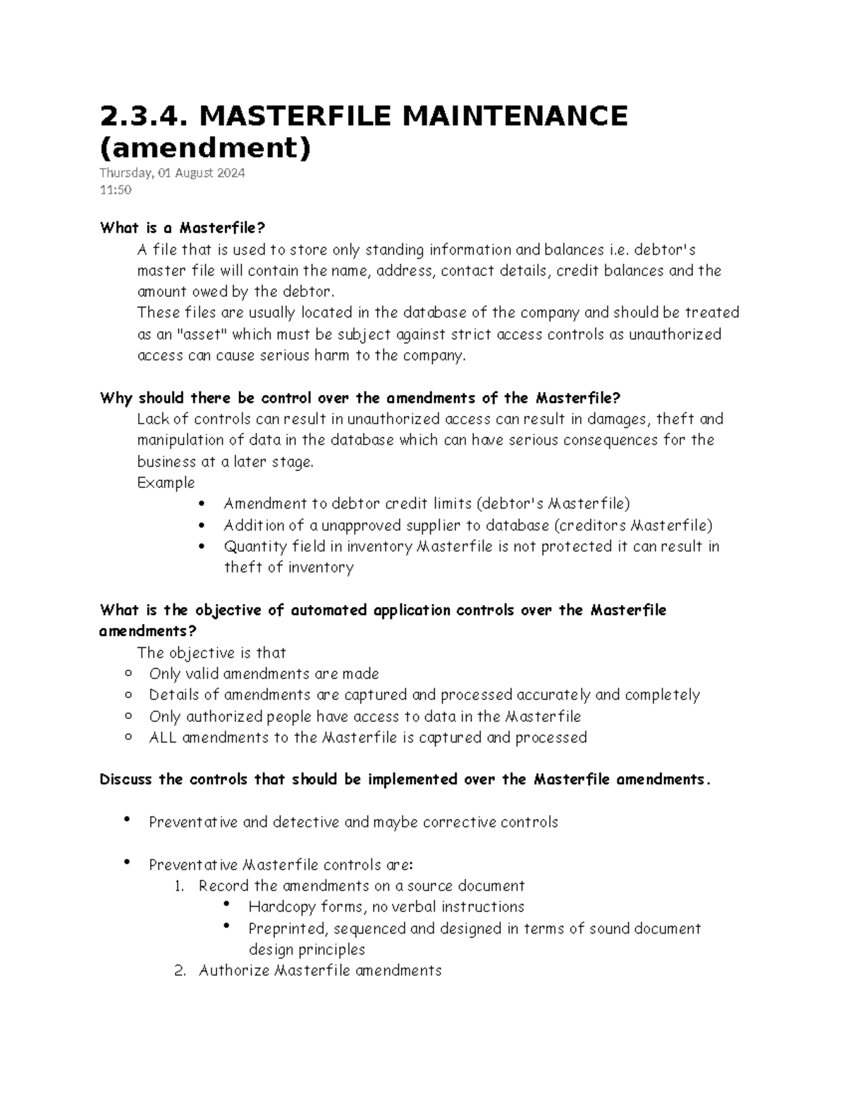 2.3.4. Masterfile Maintenance: Controls & Amendments Overview - Studocu