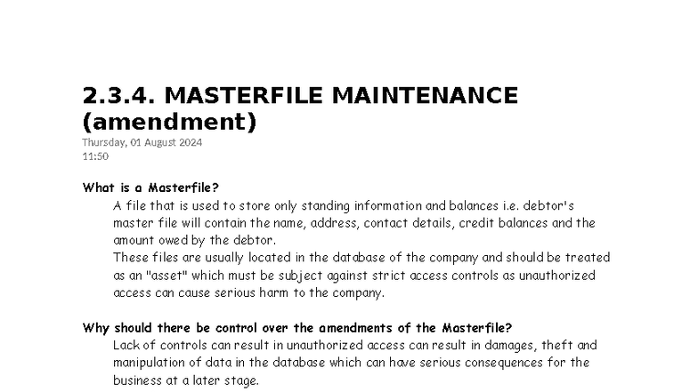 2.3.4. Masterfile Maintenance: Controls & Amendments Overview - Studocu