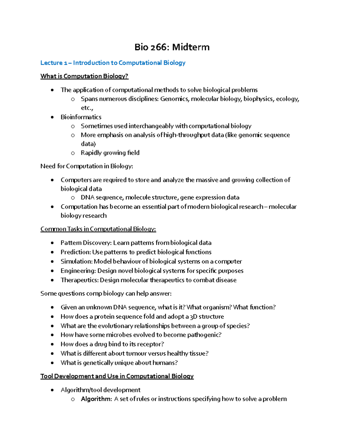 Bio 266: Midterm 1 Lecture Notes on Computational Biology Concepts ...
