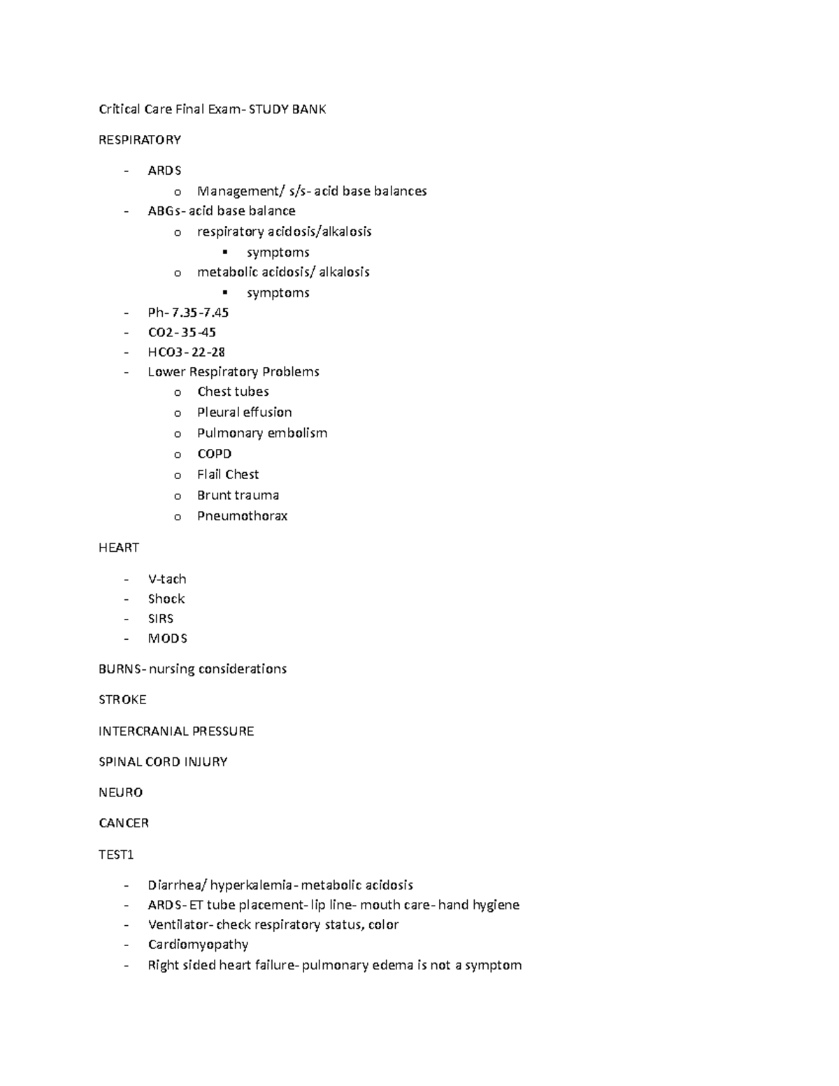 Critical Care Nsg Final Exam Study Guide - Key Topics & Concepts - Studocu