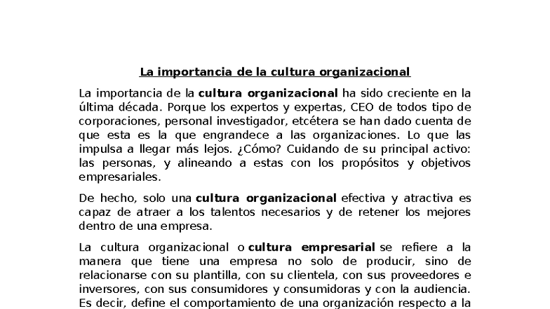 La cultura organizacional y su impacto en el éxito empresarial - Studocu