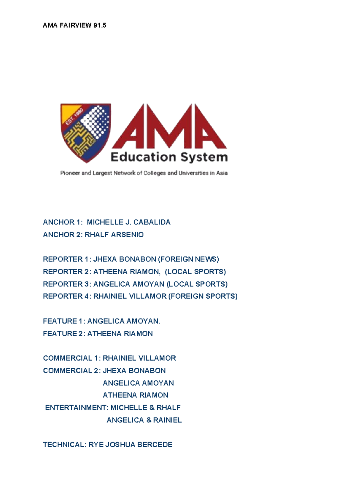 AMA FAIRVIEW RADIO 91.5: BROADCAST SCRIPT FOR SEPTEMBER 10, 2025 - Studocu