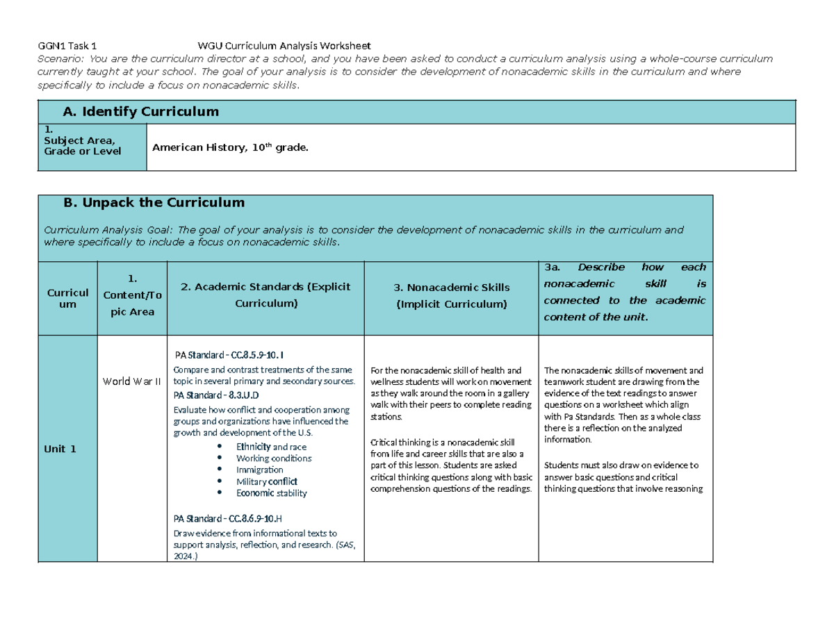 WGU Curriculum Analysis Worksheet - Scenario: You are the curriculum ...