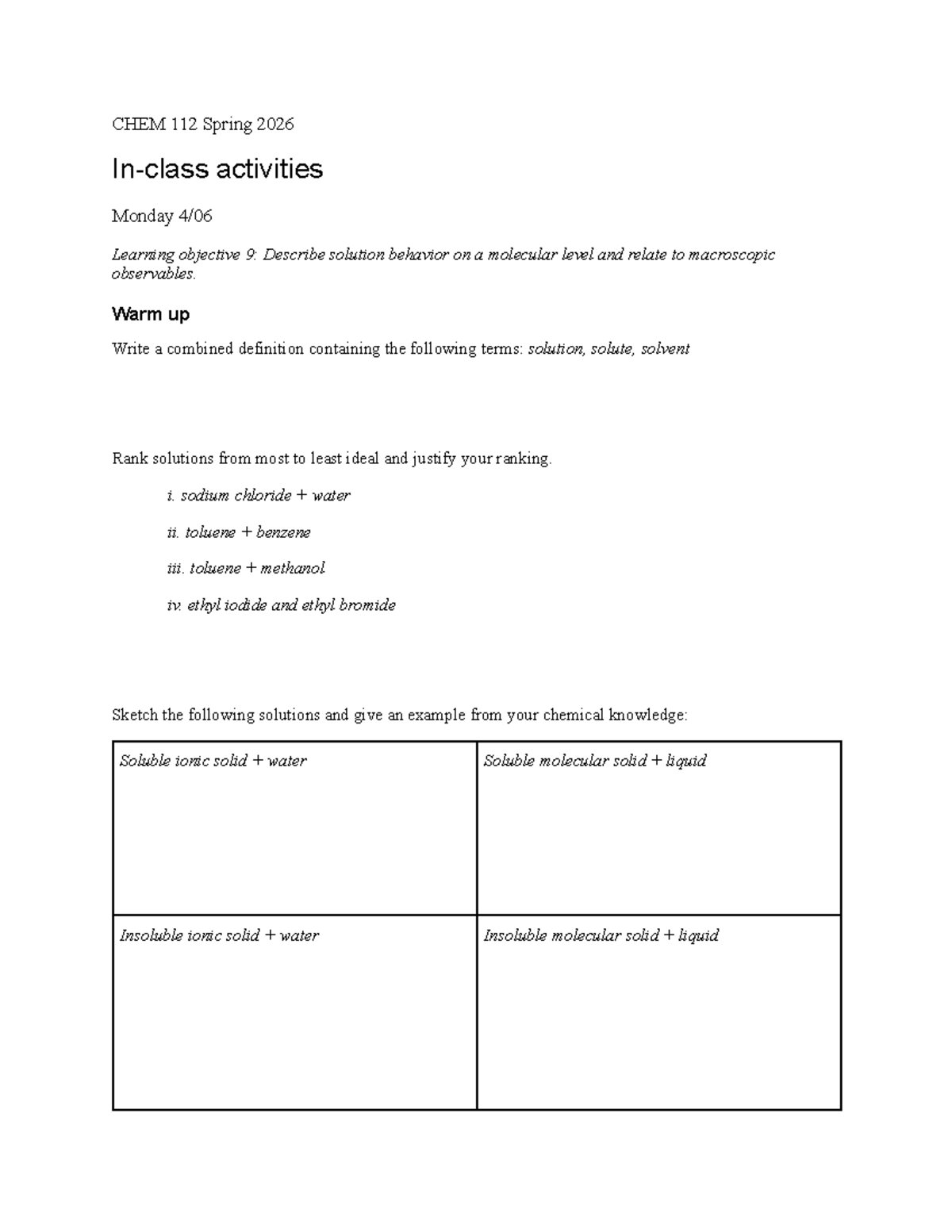 CHEM 112 In-Class Activities - Solution Behavior - Studocu