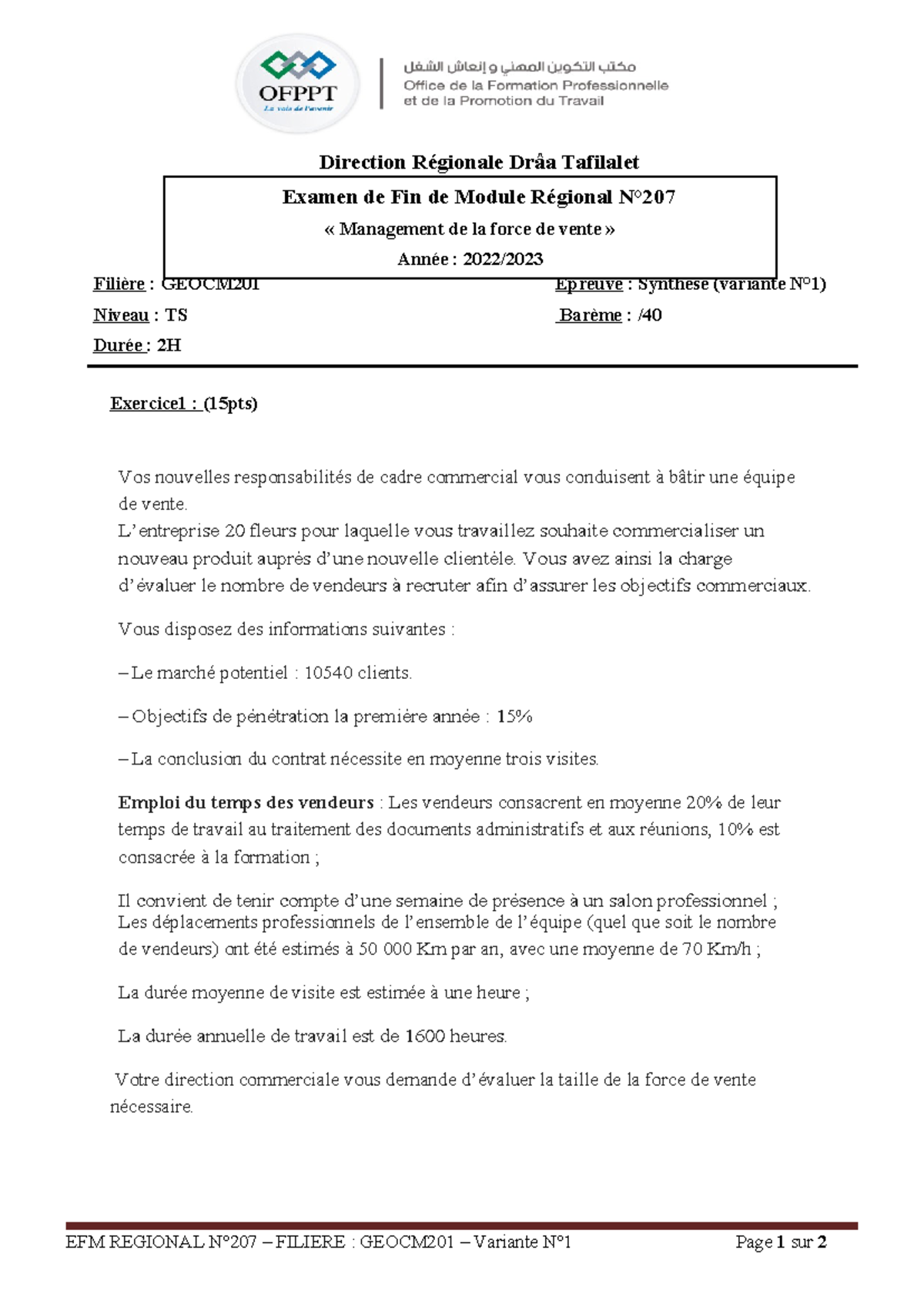 EFM REGIONAL N°207 - Synthèse sur la Force de Vente (Variante N°1 ...