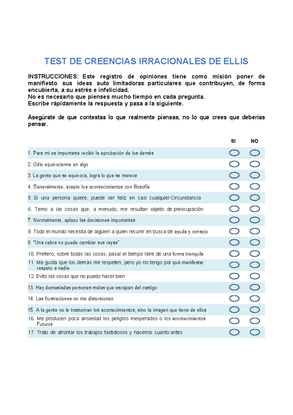 Test de Creencias Irracionales de Ellis - Instrucciones y Preguntas ...