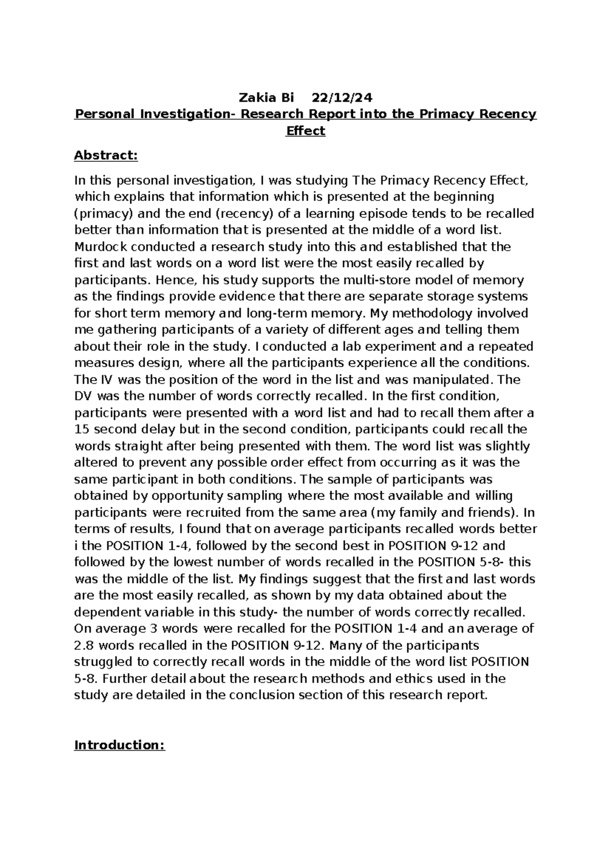 PSY 101: Personal Research Report on the Primacy Recency Effect - Studocu