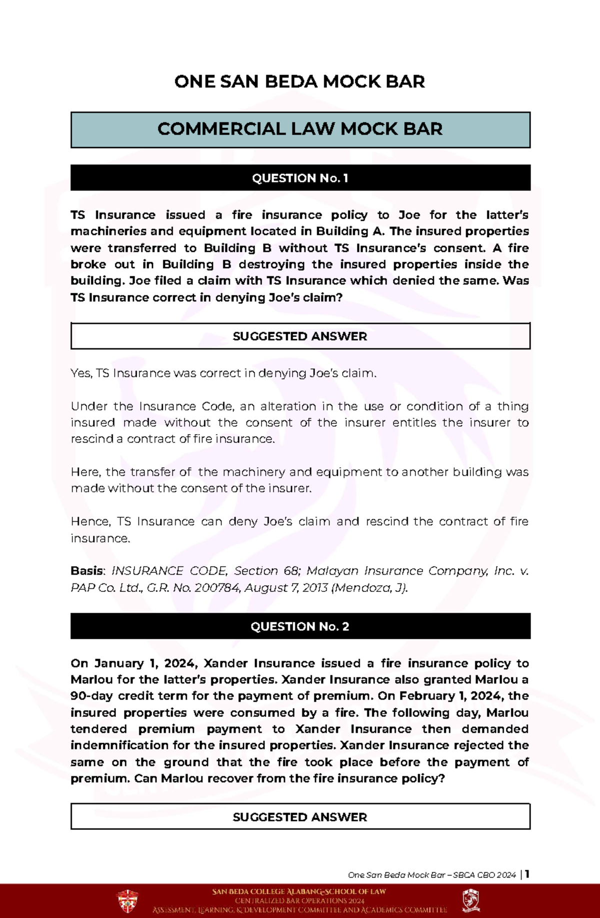 One San Beda Mock Bar - Commercial Law Questions & Answers 2024 - Studocu