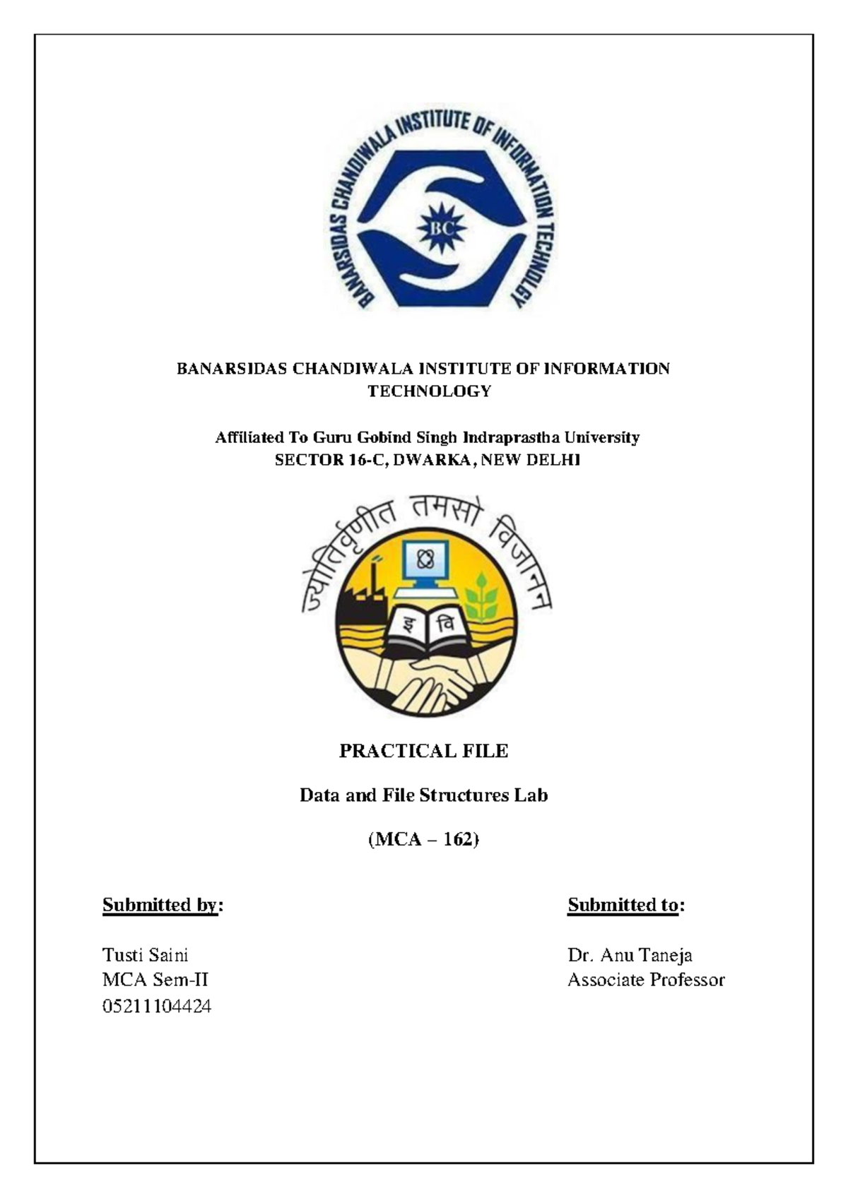MCA 162 Practical File: Data & File Structures Lab Programs - Studocu