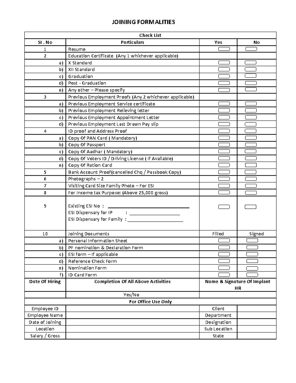 Joining Formalities Checklist for OHRS - EMP101 Notes - Studocu