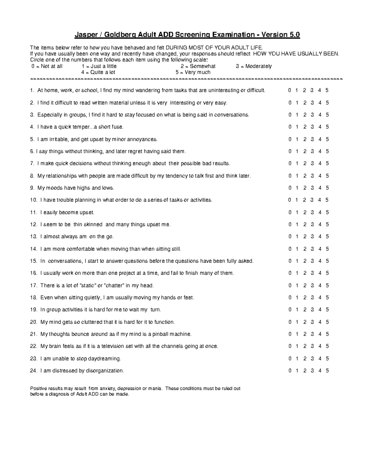 Adult ADD Screening Exam V5.0: Behavioral Assessment Tool - Studocu