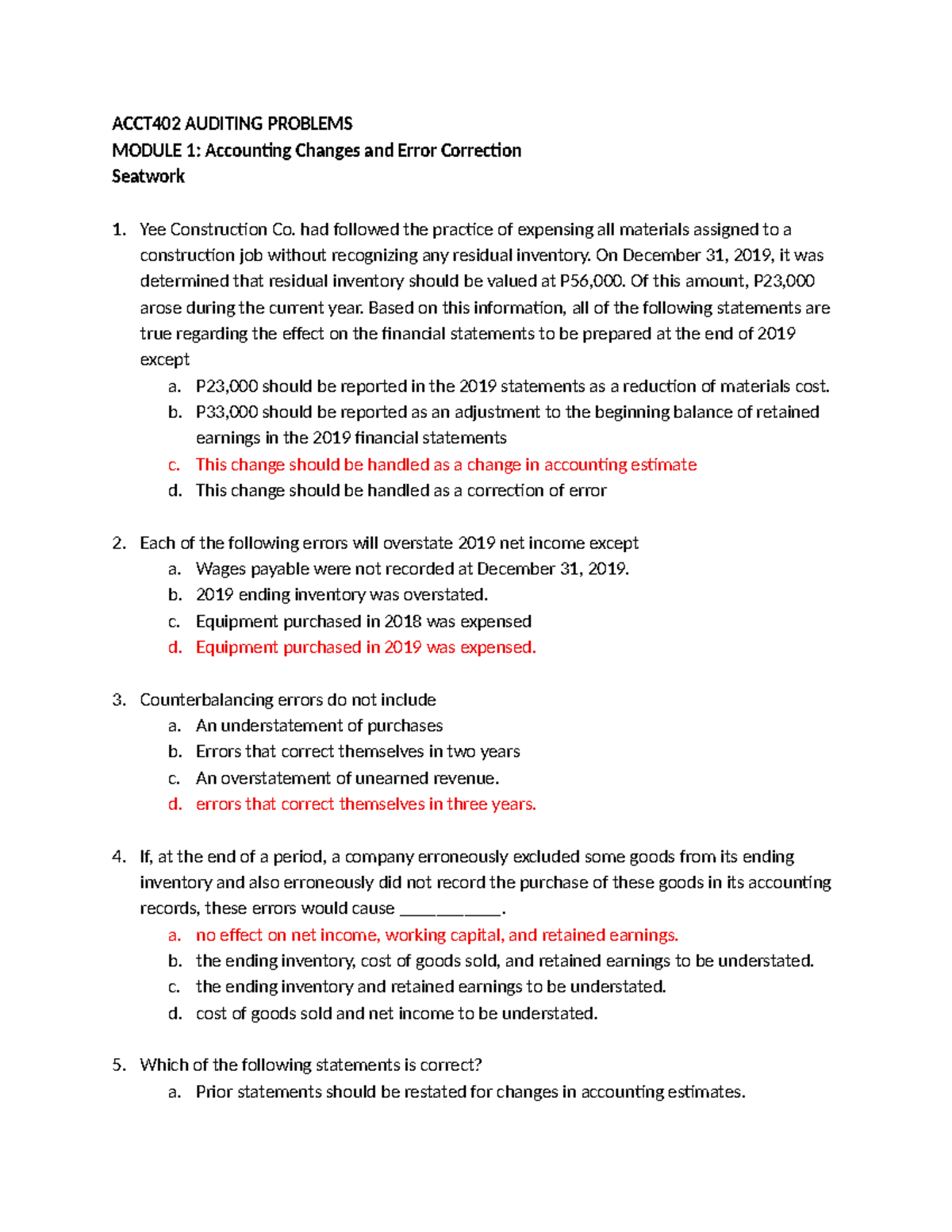 ACCT402 AUDITING PROBLEMS MODULE 1: Seatwork on Accounting Errors - Studocu