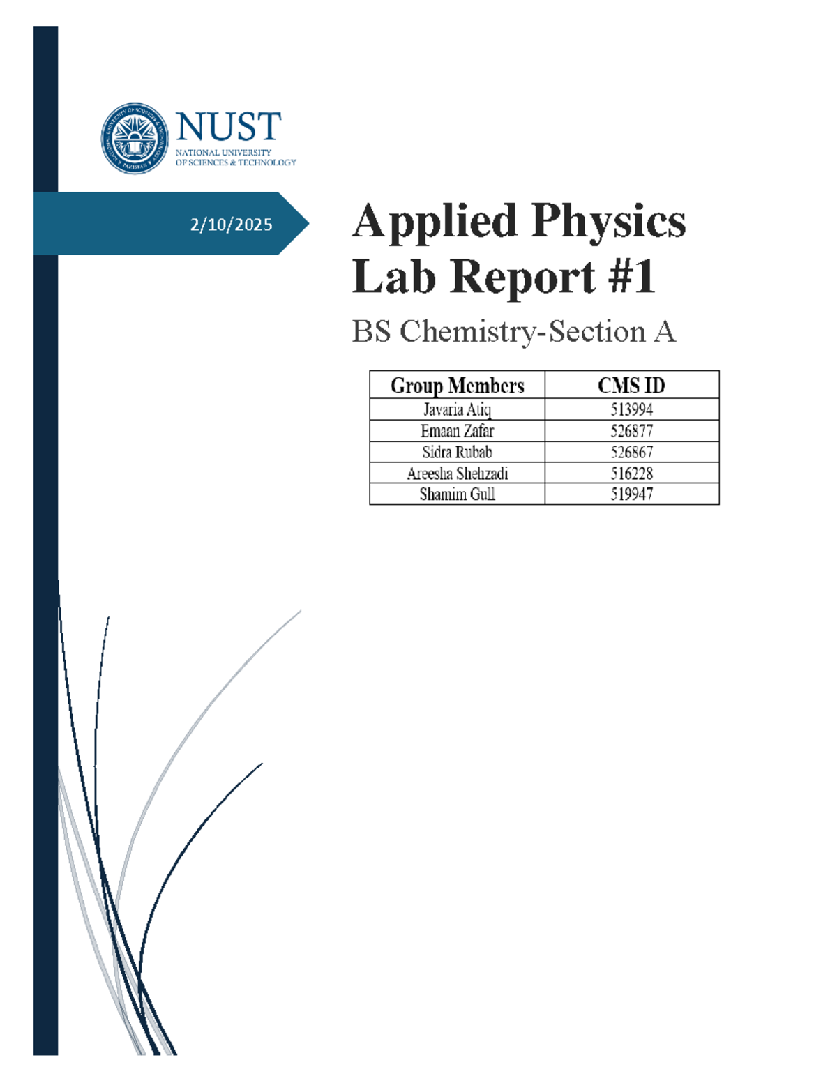 AP Exp 1 Report - expermient 2 - 2/10/ Applied Physics Lab Report BS ...