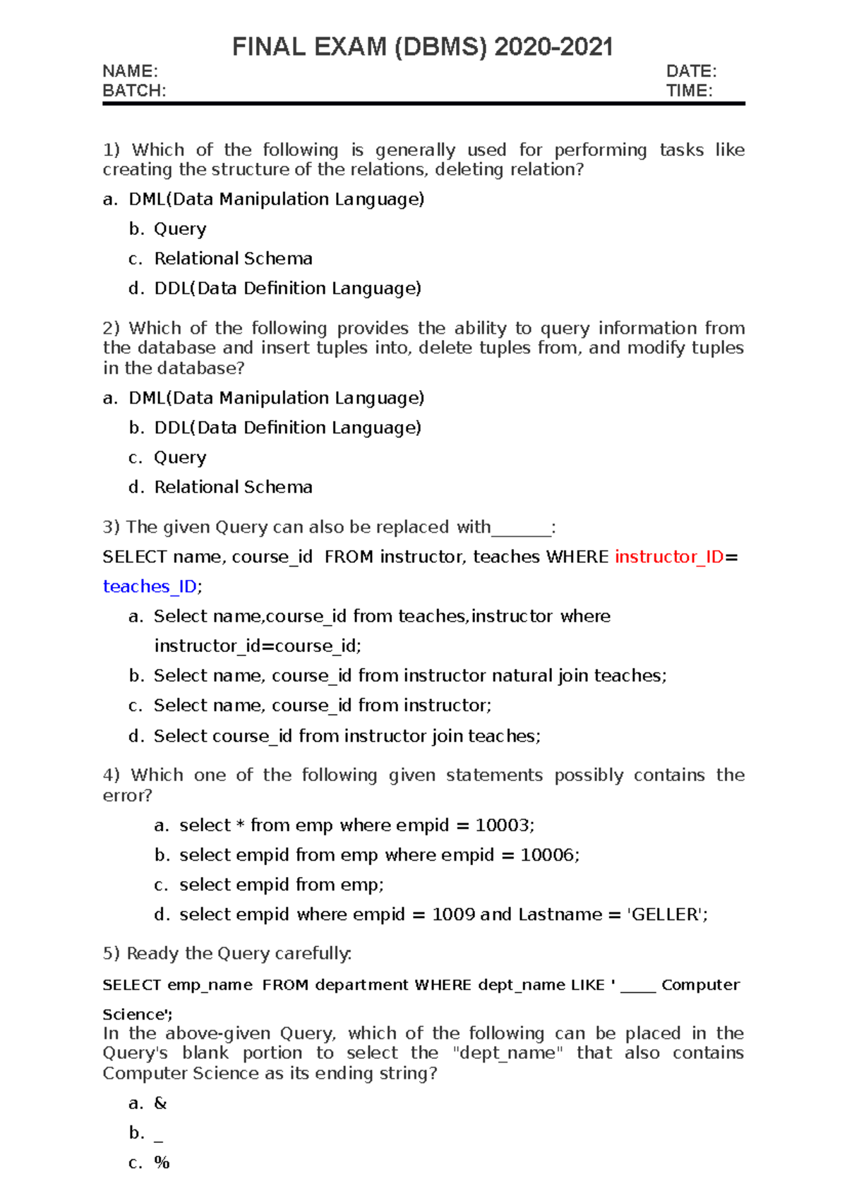 Final EXAM DBMS Practice Questions - LPU - Studocu