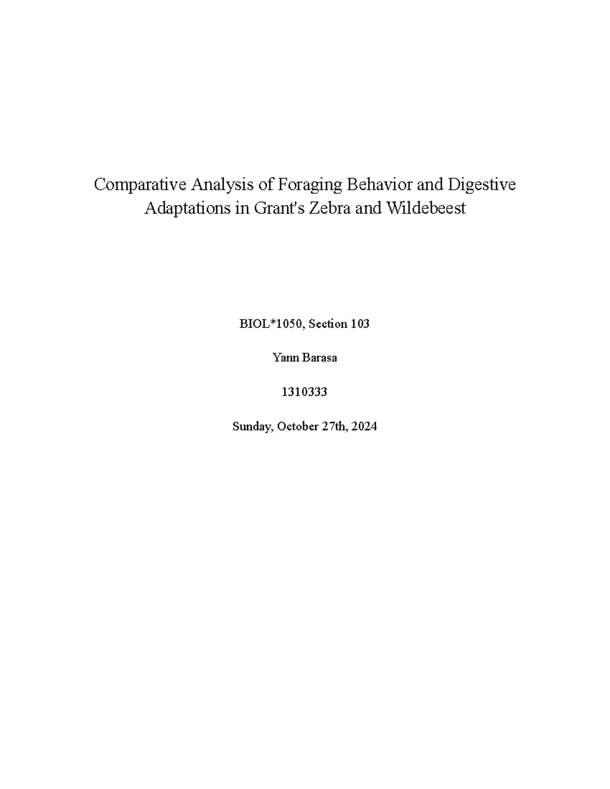 Comparative Analysis of Foraging Behavior in Zebra and Wildebeest (ANIM ...