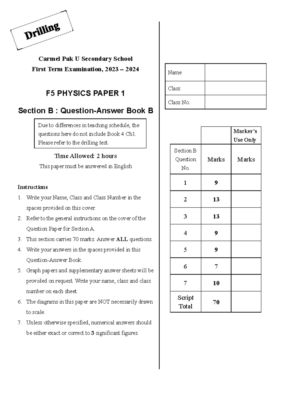 2324 F5 Physics 1B First Term Exam Paper - Studocu