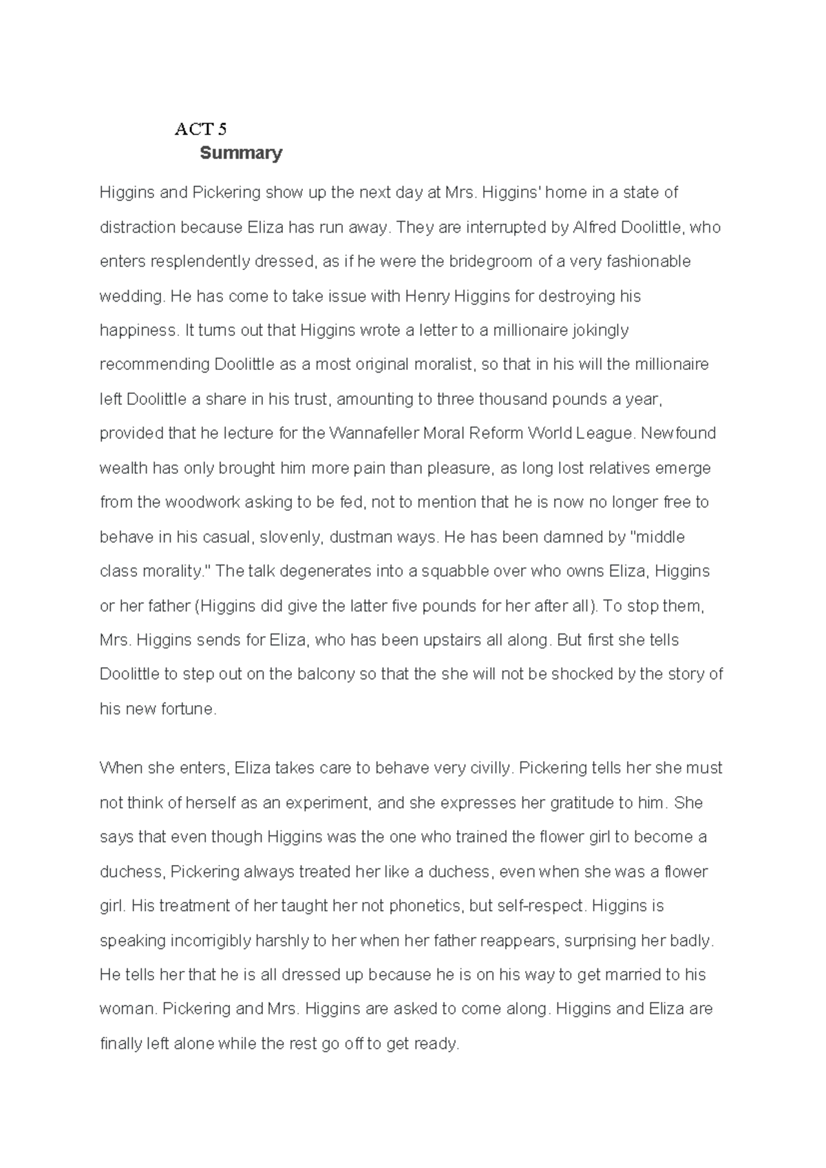 ACT 5 Summary: Eliza's Transformation and Doolittle's Dilemma in ...