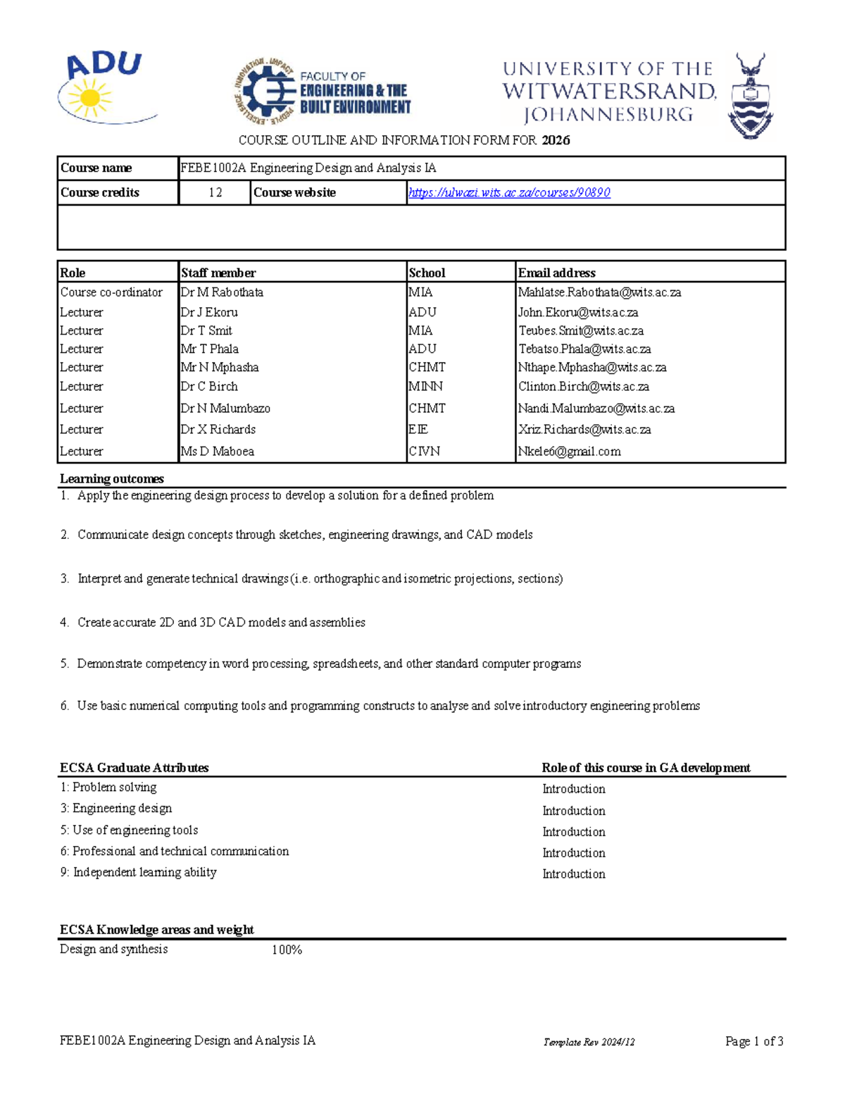 FEBE1002A - Course Outline for Engineering Design and Analysis IA (2026 ...