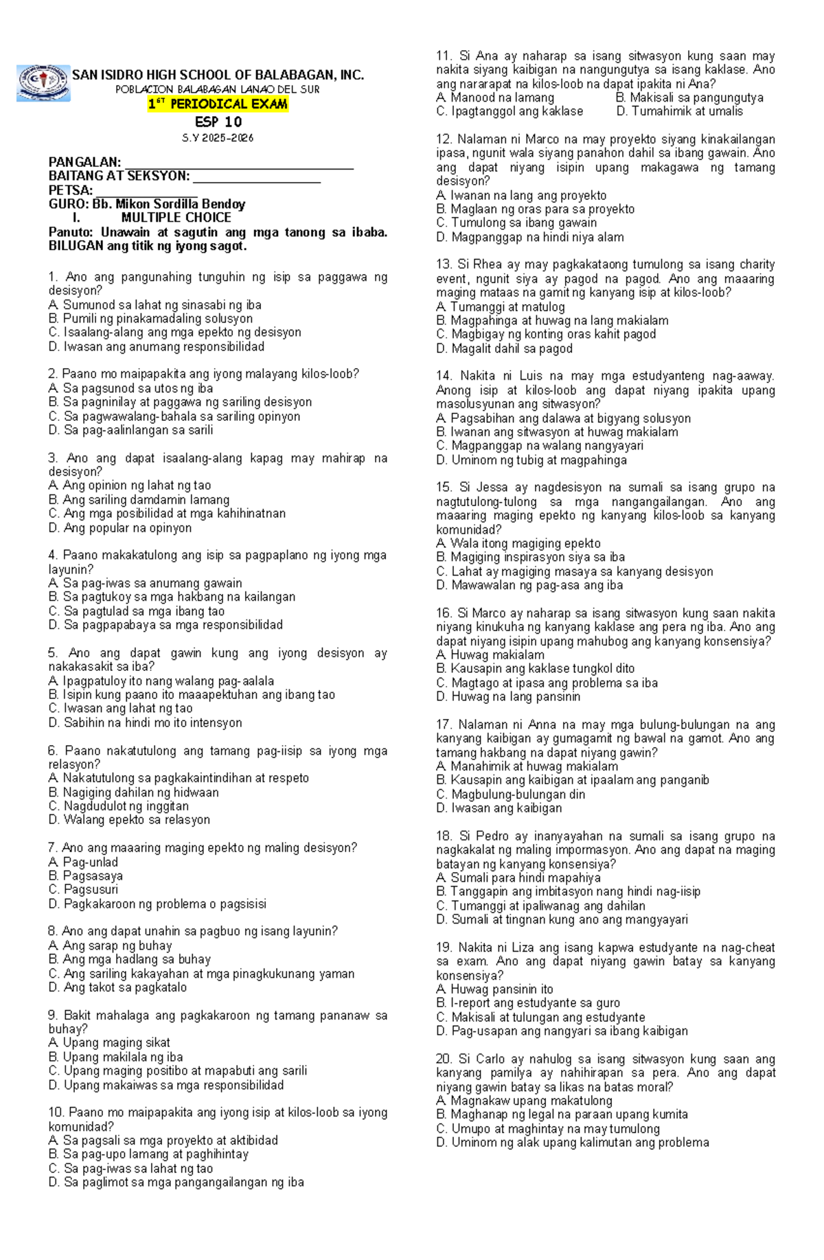 ESP 10 1ST PERIODICAL EXAM REVIEW NOTES FOR S.Y. 2023-2024 - Studocu