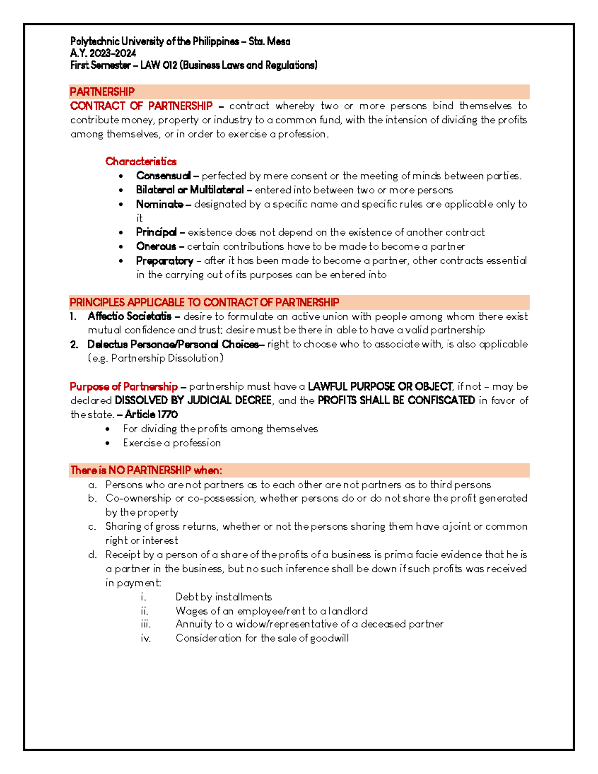 LAW 012: Business Law Final Exam Notes on Partnership Concepts - Studocu