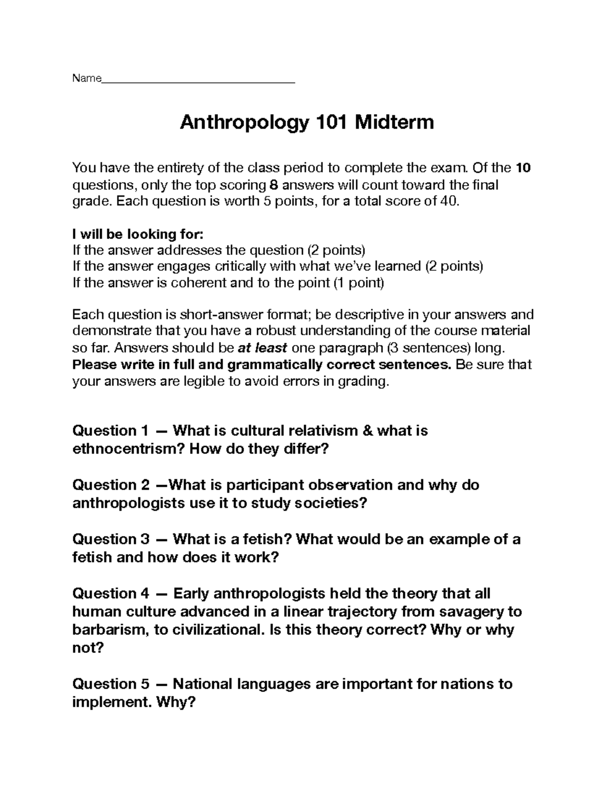 Anthropology 101 Spring Midterm Exam Guidelines and Questions - Studocu