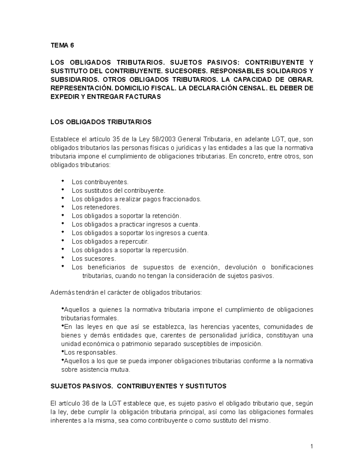 TEMA 6: OBLIGADOS TRIBUTARIOS Y SUJETOS PASIVOS EN LA LGT - Studocu