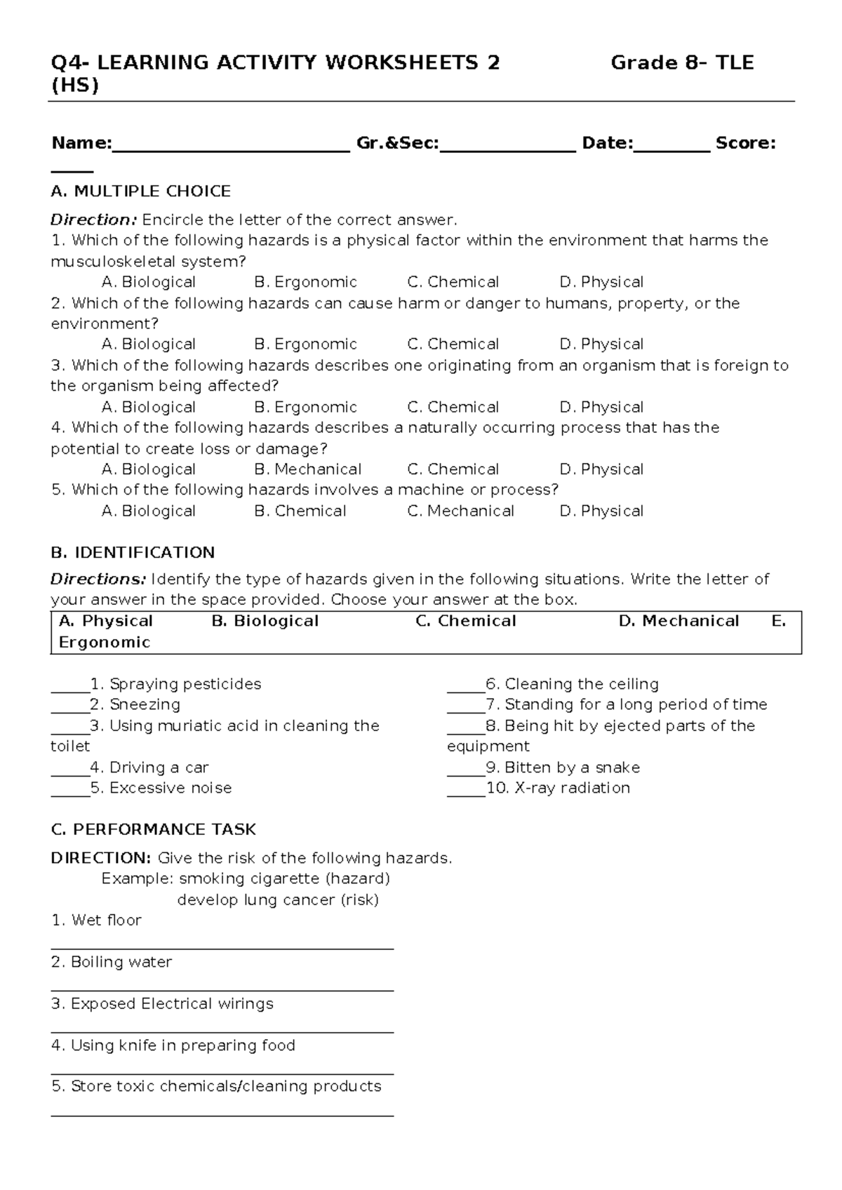 TLE 8-HS 2: Learning Activity Worksheets on Hazards and Risks - Studocu