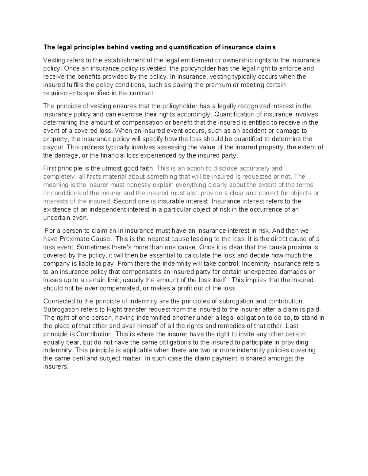 Insurance Law: Legal Principles of Vesting & Claims Quantification ...