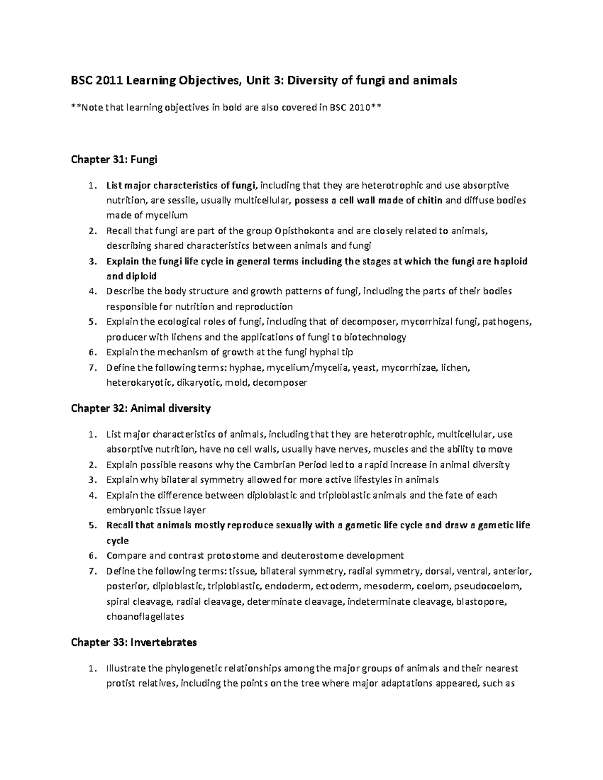 BSC 2011 Learning Objectives: Diversity of Fungi and Animals (Units 3-1 ...