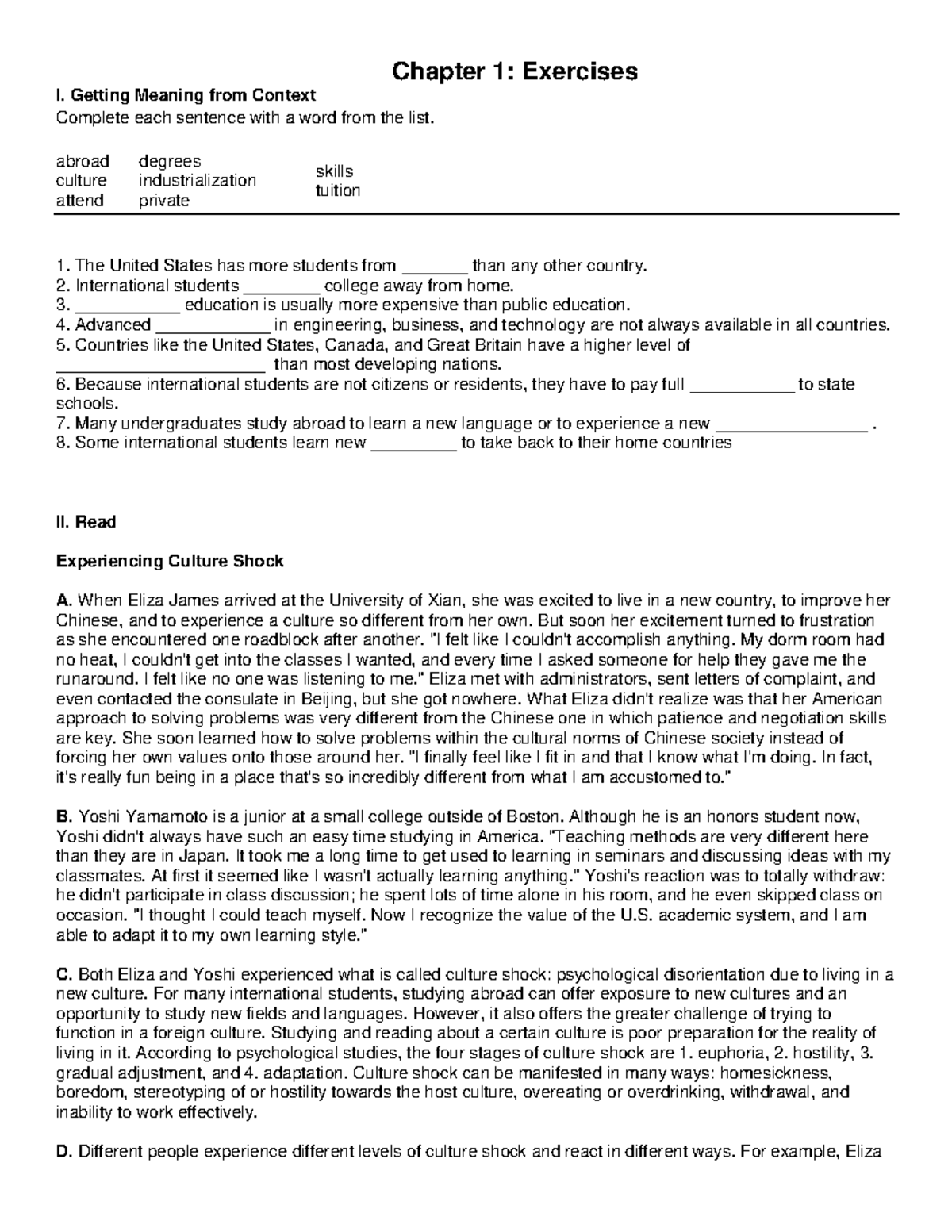Chapter 1: Exercises on Culture Shock and Contextual Vocabulary - Studocu