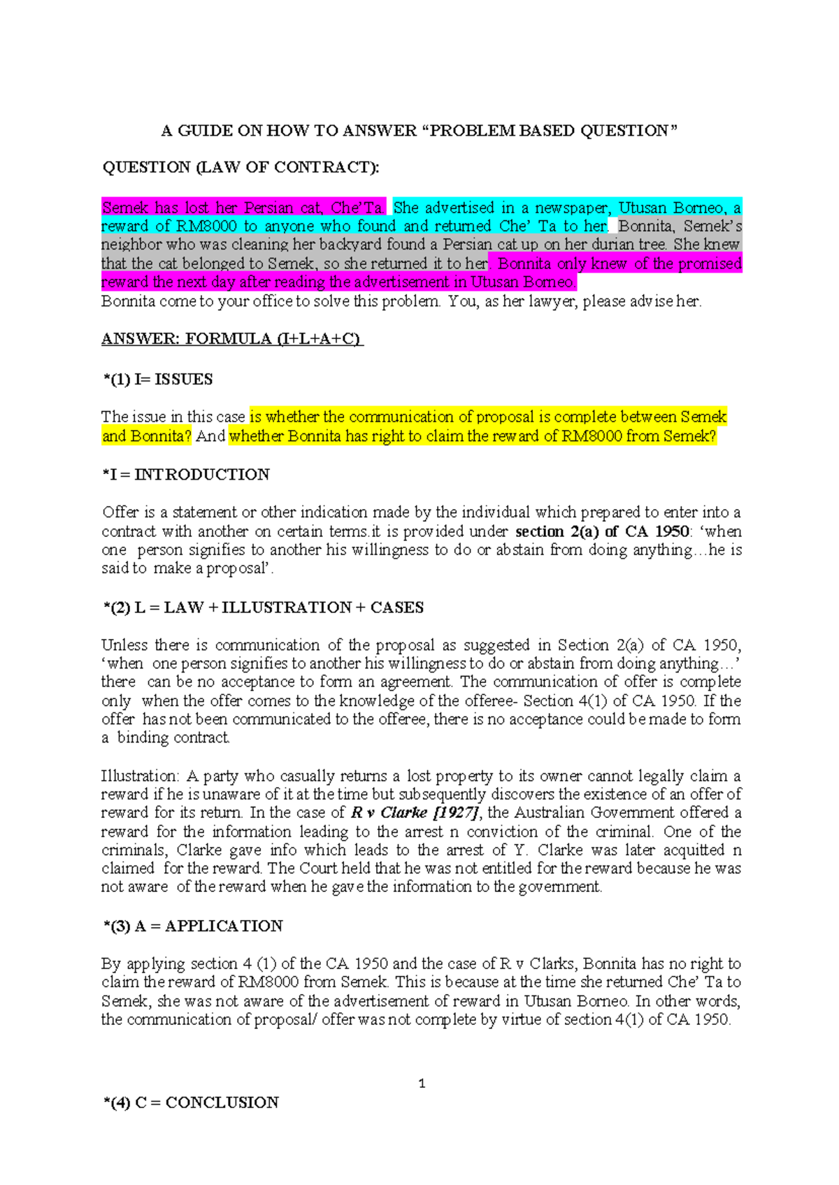 A GUIDE ON HOW TO ANSWER PROBLEMATIC QUESTIONS (LAW OF CONTRACT) - Studocu