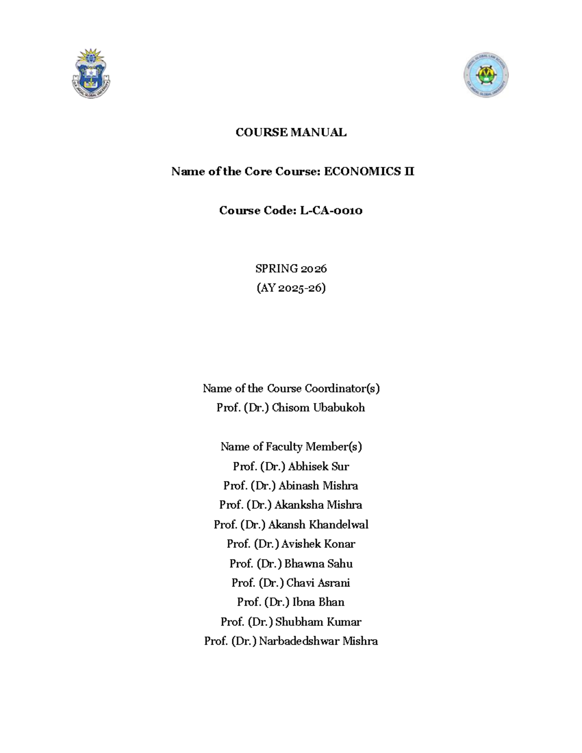 Economics II Course Manual - Spring 2026 Overview and Syllabus - Studocu
