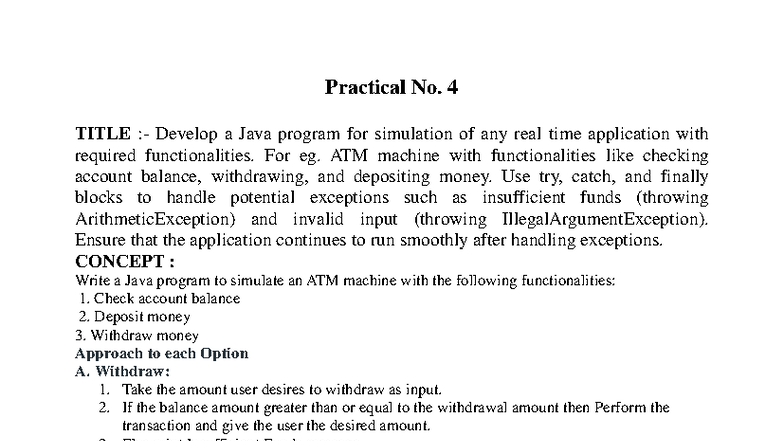 G- Practical No. 4: Java ATM Simulation with Exception Handling - Studocu