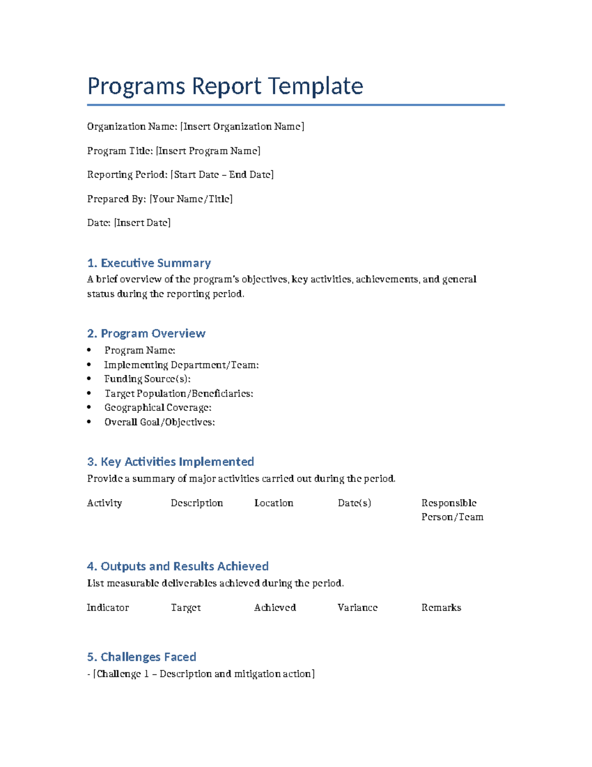 Programs Report Template: Overview & Key Activities Summary - Studocu
