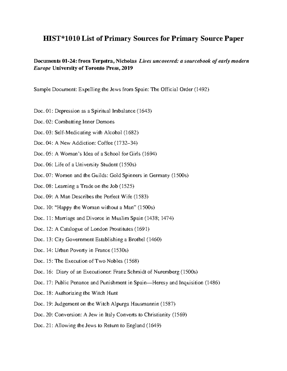 1010 List of Primary Documents for Assignment - HIST*1010 List of ...