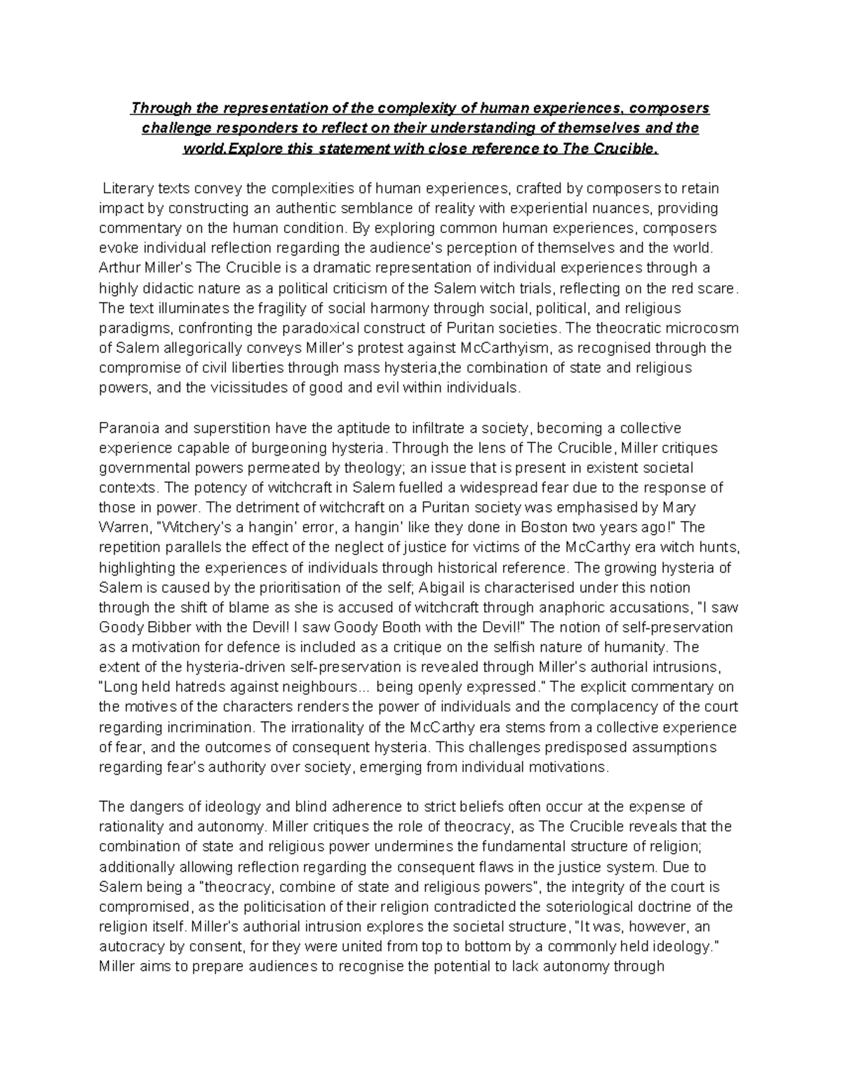 Sample Essay: The Crucible (ENG101) - Exploring Human Complexity and ...