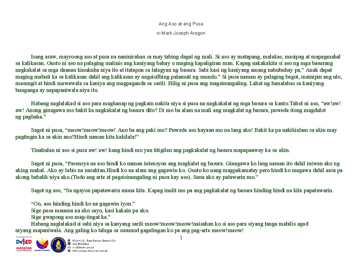 Pabula ukol sa Aso at Pusa: Aral ng Kalikasan at Responsibilidad - Studocu